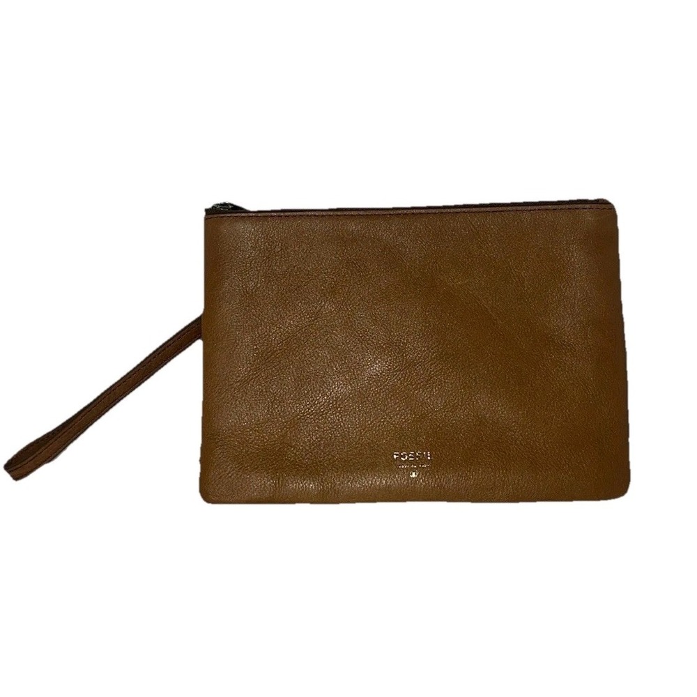 Fossil Tessa Brown Pebbled Leather Large Clutch Wristlet Bag Zip Closure 9x6